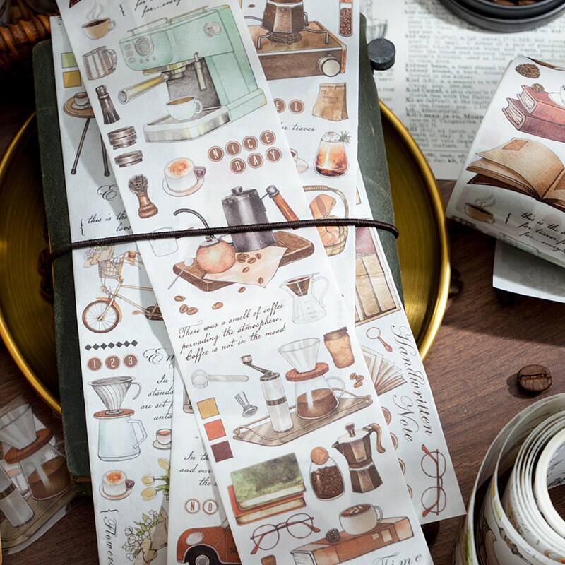 Retro Coffee Time Washi Paper Tape | Life Aesthetics Planner Tape | Masking Tape | Gift Wrapping | Collage Kit Junk Journal | Gift for Girls