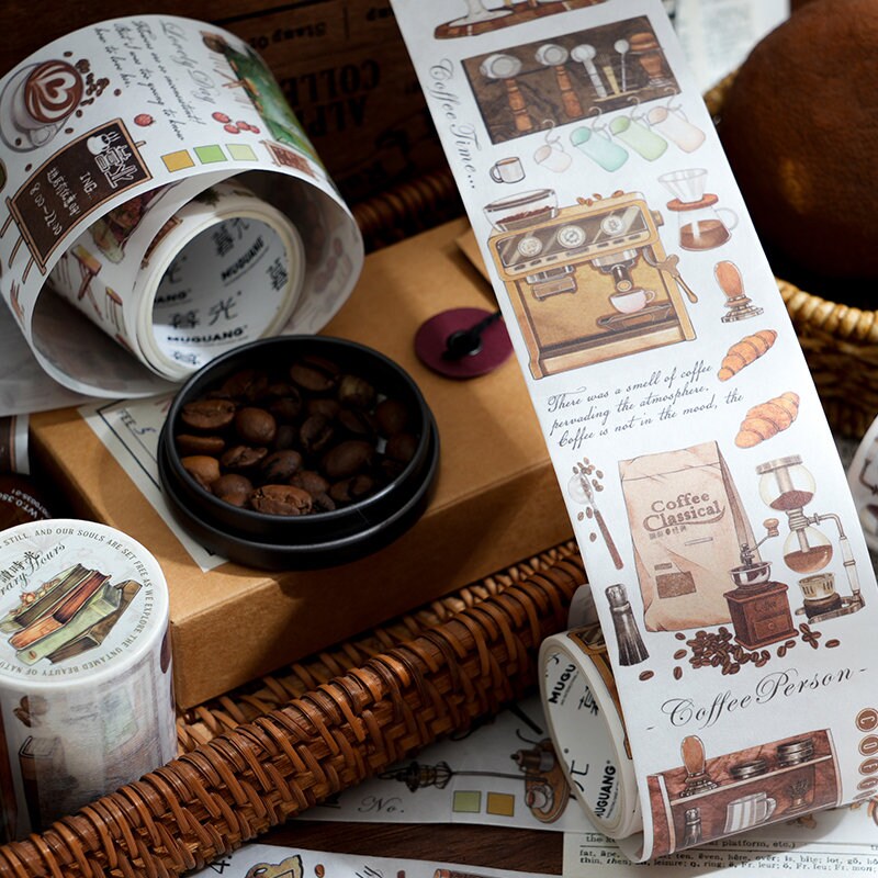 Retro Coffee Time Washi Paper Tape | Life Aesthetics Planner Tape | Masking Tape | Gift Wrapping | Collage Kit Junk Journal | Gift for Girls
