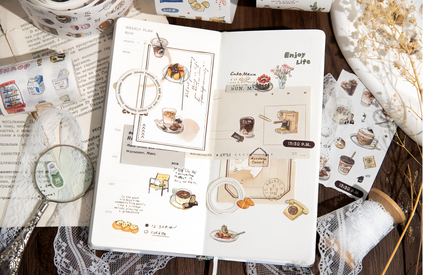 Cute Coffee Snacks Drink Dessert Mini Sticker | Cozy Life | Coffee Lover Decorative Washi Tape | Journal Scrapbooking Collage Supplies