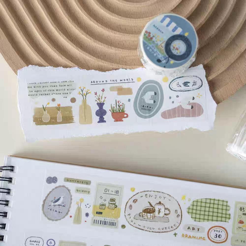 Cute Handdrawn Gramophone Record Retro Life Tape | Planner Tape | Decorative Washi Tape | Journal Scrapbooking Collage Supplies