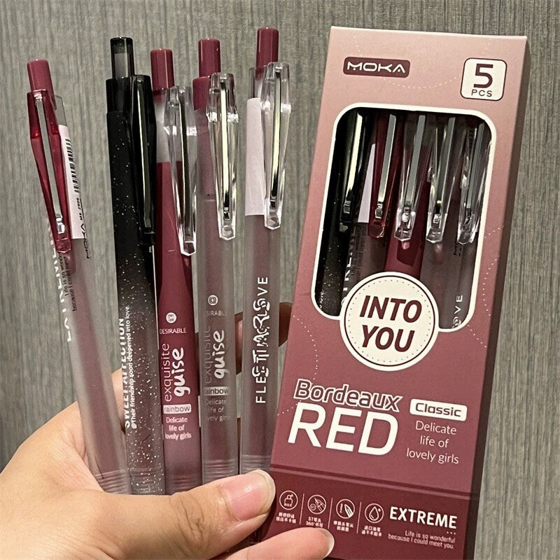 5pcs Bordeaux Red Black Gel Pens | Smooth Writing Pens | Aesthetic Pen Set | Cute Kawaii Planner School Office Study Pens Stationery