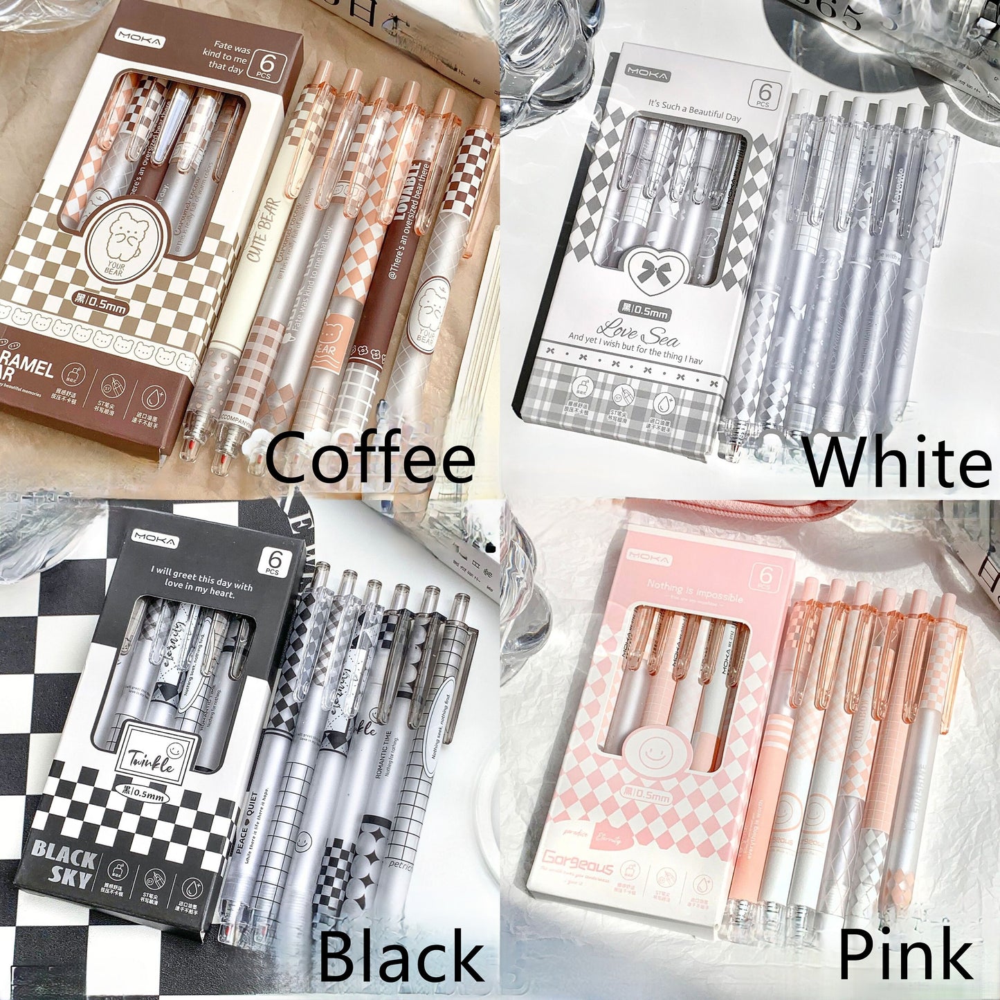 6pcs Kawaii Black Ink Gel Pen Set | Aesthetic Pens | Cute Planner Journal Study School Office Back to School Supplies Stationery