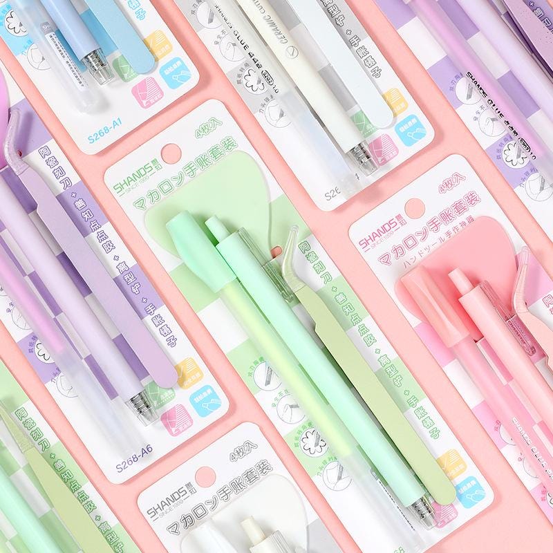 4 Pcs Cute Journal Tools Stationery Set Creative Dot Glue Pen Carving Knife Shovel Tweezers DIY Handmade School Supplies | Art Tool Supply