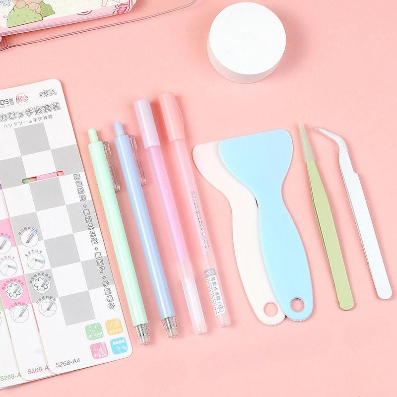 4 Pcs Cute Journal Tools Stationery Set Creative Dot Glue Pen Carving Knife Shovel Tweezers DIY Handmade School Supplies | Art Tool Supply