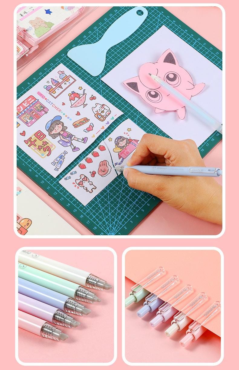 4 Pcs Cute Journal Tools Stationery Set Creative Dot Glue Pen Carving Knife Shovel Tweezers DIY Handmade School Supplies | Art Tool Supply