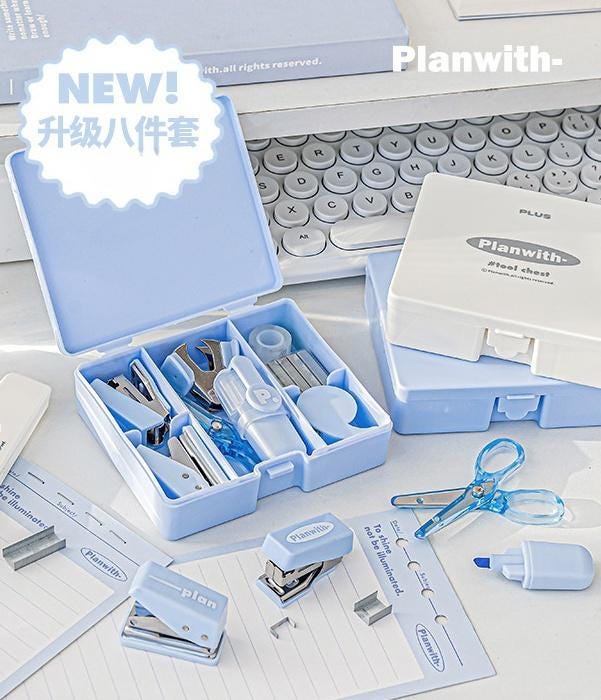 Stylish Mini 8-Piece Office Tool Kit | Portable Hole Punch Stapler Tape Scissors | Aesthetic Office School Supplies | Cute Stationery Gift