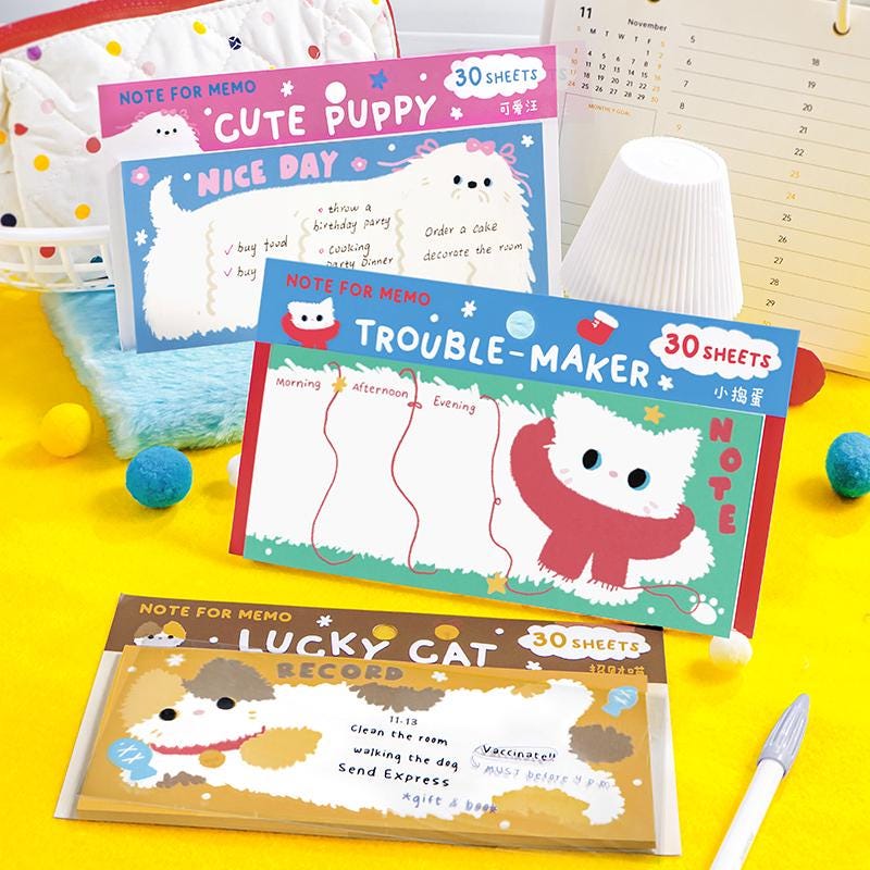 Cute Puppy Kitten Sticky Notes | Kawaii Planner Sticky Memo Pad | Writing Pad | Planner Memo | Stationery Planner Journal Accessory Supplies