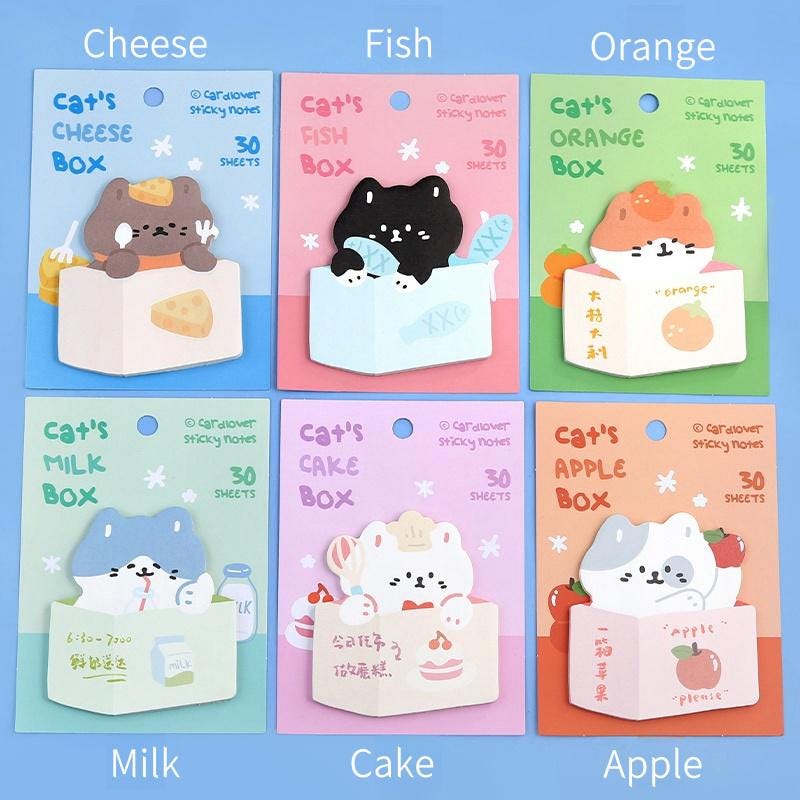 Cute Cat Sticky Notes | Cat's Box Planner Sticky Memo Pad | Writing Pad | Planner Memo | Stationery Planner Journal Accessory Supplies