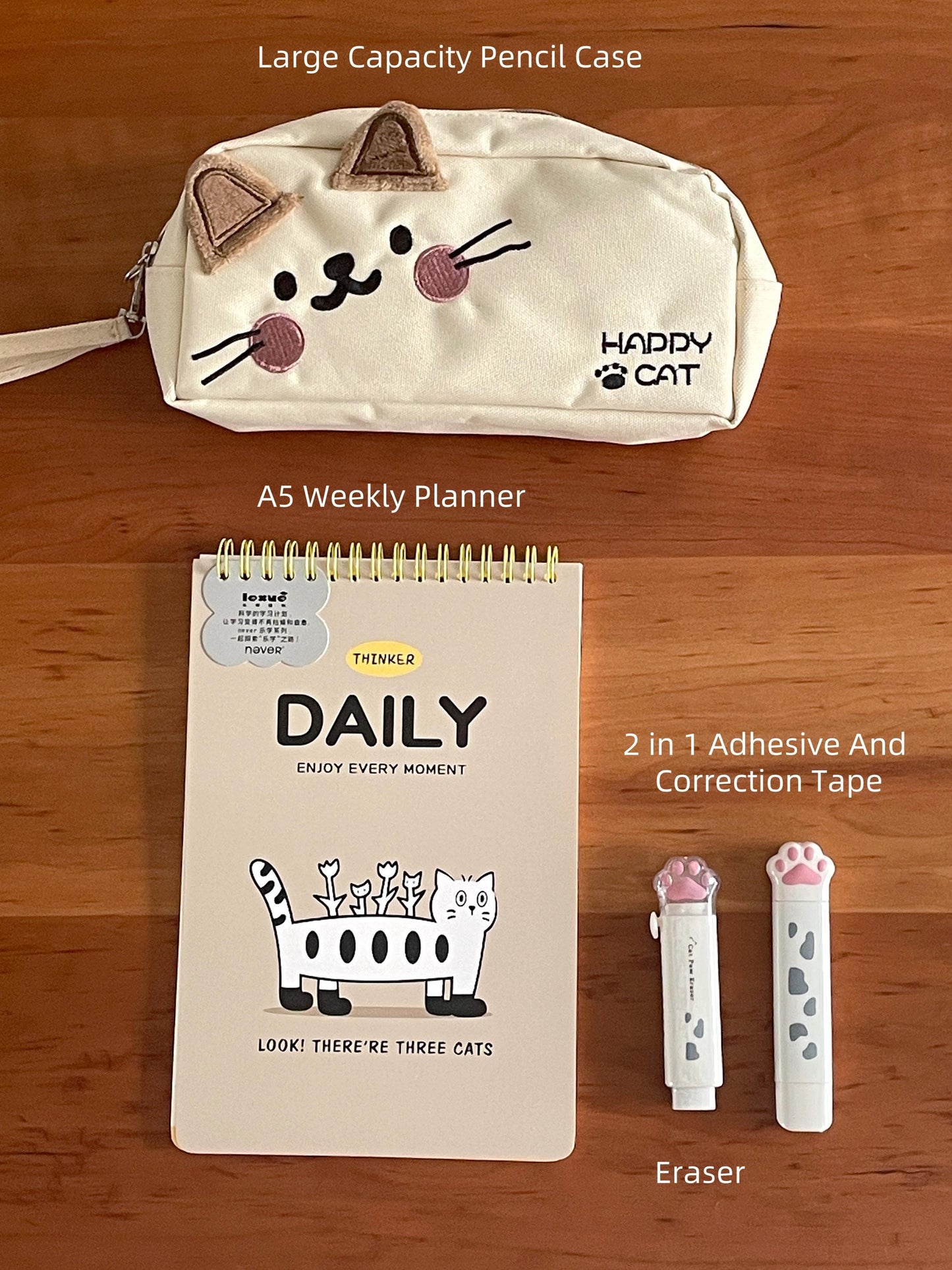 Cat Lover Stationery Bundle | Pencil Case Study Planner for Students | Cute Stationery Gift Set Back To School Set | College Gift