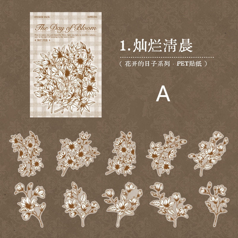 The Day of Bloom Sticker Pack / 60pcs Flower Sticker Pack / Floral Botanical / Planner Stickers / Retro Stickers