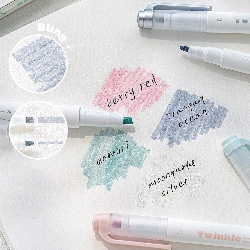 Cream Morandi Color Highlighter Pen|Glittering Twinkle Highlighter Marker Pen | Study Supplies