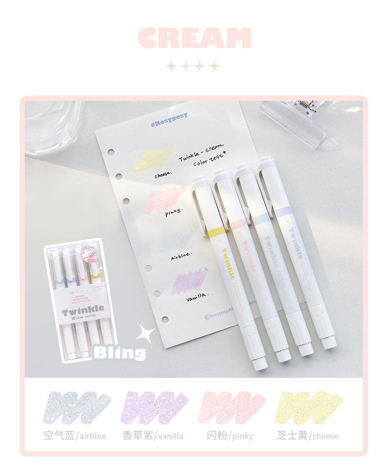 Cream Morandi Color Highlighter Pen|Glittering Twinkle Highlighter Marker Pen | Study Supplies