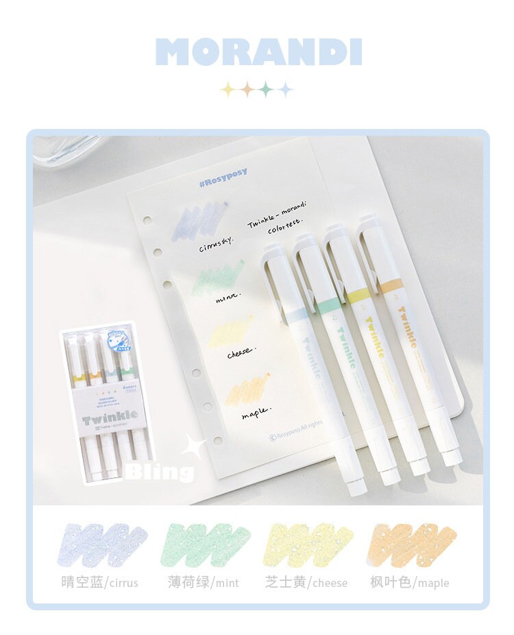 Cream Morandi Color Highlighter Pen|Glittering Twinkle Highlighter Marker Pen | Study Supplies