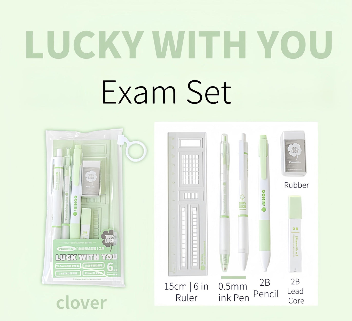 Lucky With You Exam Stationery Set | 2B Mechanical Pencil Rubber Ruler Gel Pen for Students | School Office Supplies Study School Supplies