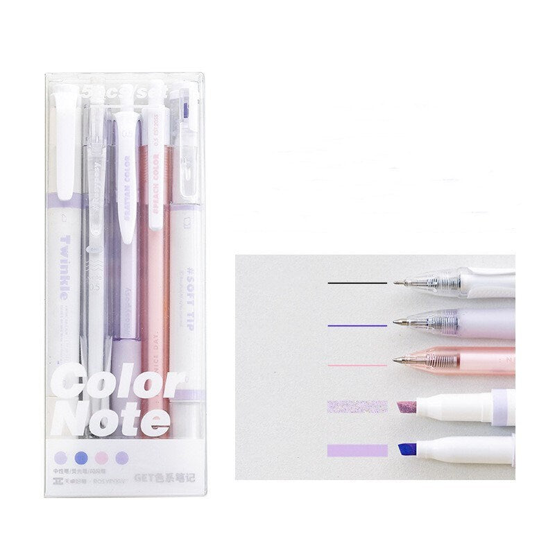 5pcs Color Note Pen Set | Black Gel Ink Pens and Highlithers | Planner Pens | Note Taking | Creative Stationery | School Supplies