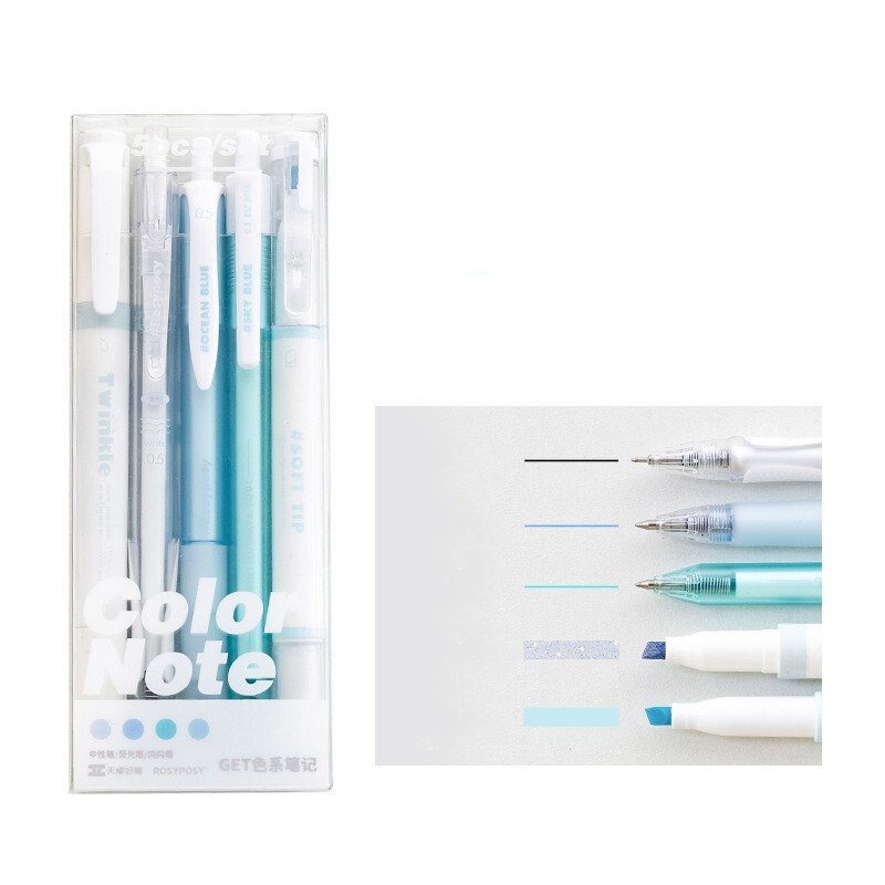 5pcs Color Note Pen Set | Black Gel Ink Pens and Highlithers | Planner Pens | Note Taking | Creative Stationery | School Supplies
