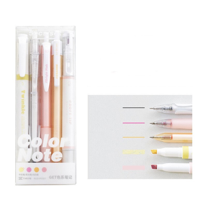 5pcs Color Note Pen Set | Black Gel Ink Pens and Highlithers | Planner Pens | Note Taking | Creative Stationery | School Supplies