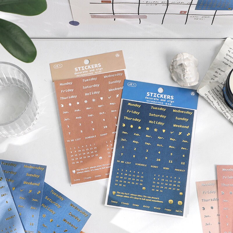 4 Sheets Gold Silver Foil Calendar Stickers | Planner Sticker Pack | BuJo Sticker kit | Functional Stickers