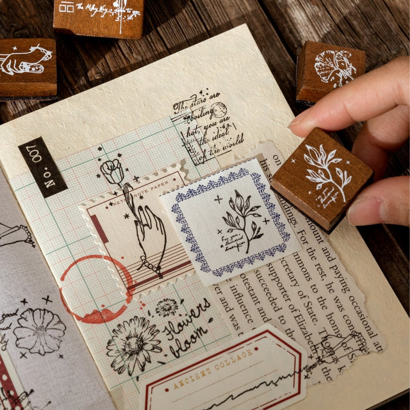 Collectors' Notes Floral Stamp | Wooden Stamp Set | Scrapbooking | Planner Stamp | | Junk Journal Supplies