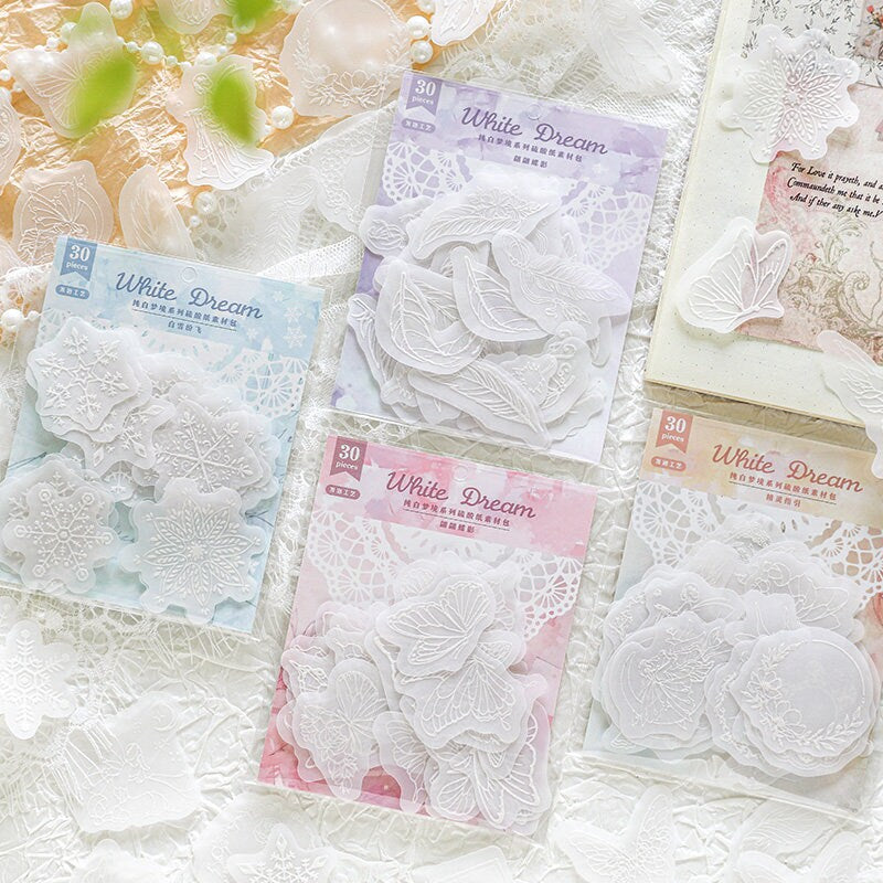 30pcs Pure White Dream Collage Material Paper | Vellum Paper | DIY Junk Journal Scrapbooking Cards Background Decoration Paper Supplies