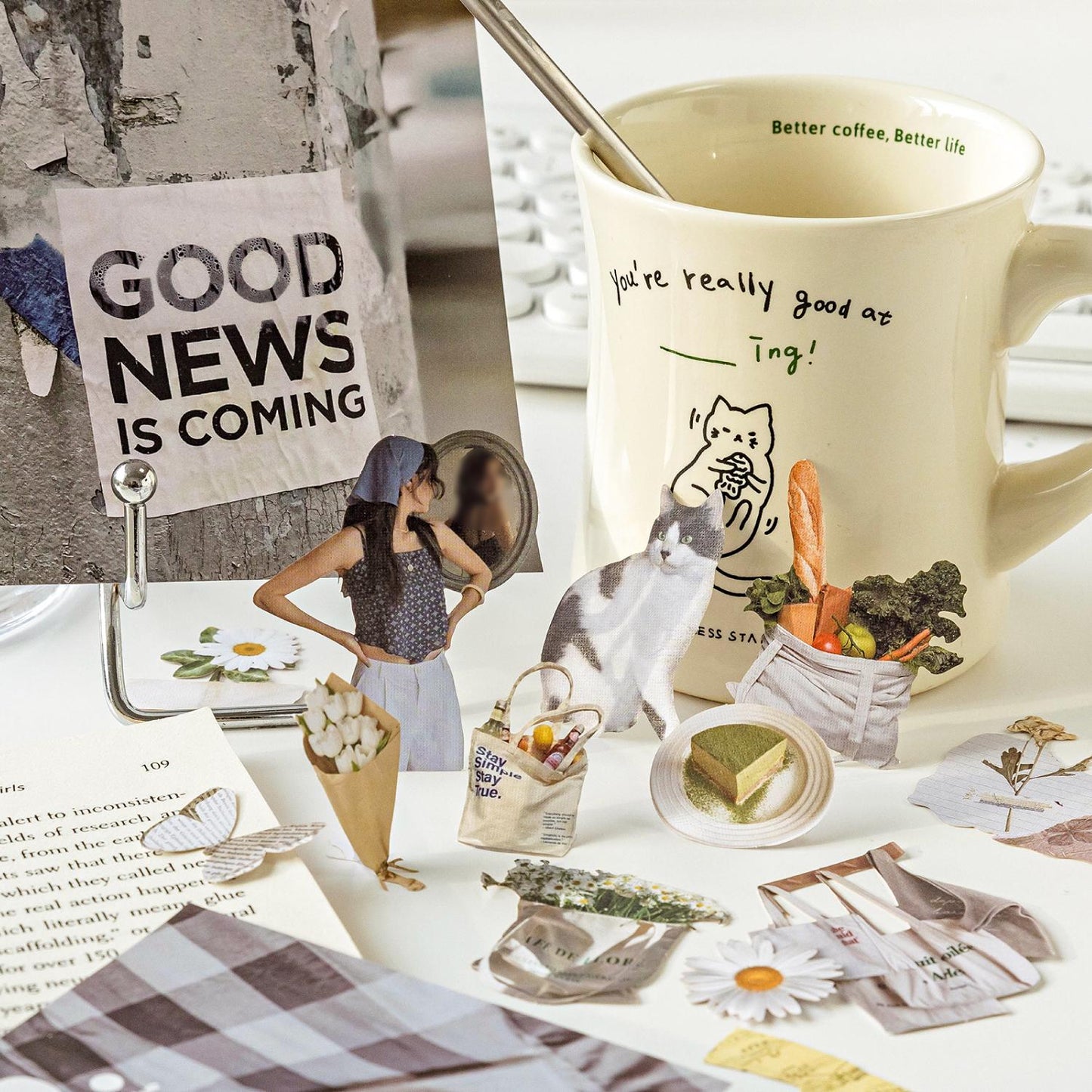Modern Gadget Daily Life Sticker Pack | Coffee Cat Girl Stickers | Junk Journal Stickers | Planner Sticker | Scrapbooking Craft DIY Supplies