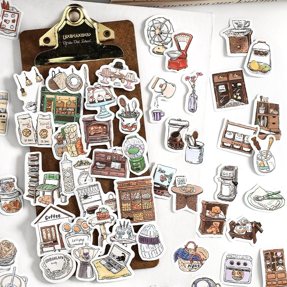 30pcs Retro Handdrawn Life Aesthetics Sticker Pack | Coffee Stickers | Planner Sticker Set | Junk Journal | Die Cut Deco Stickers