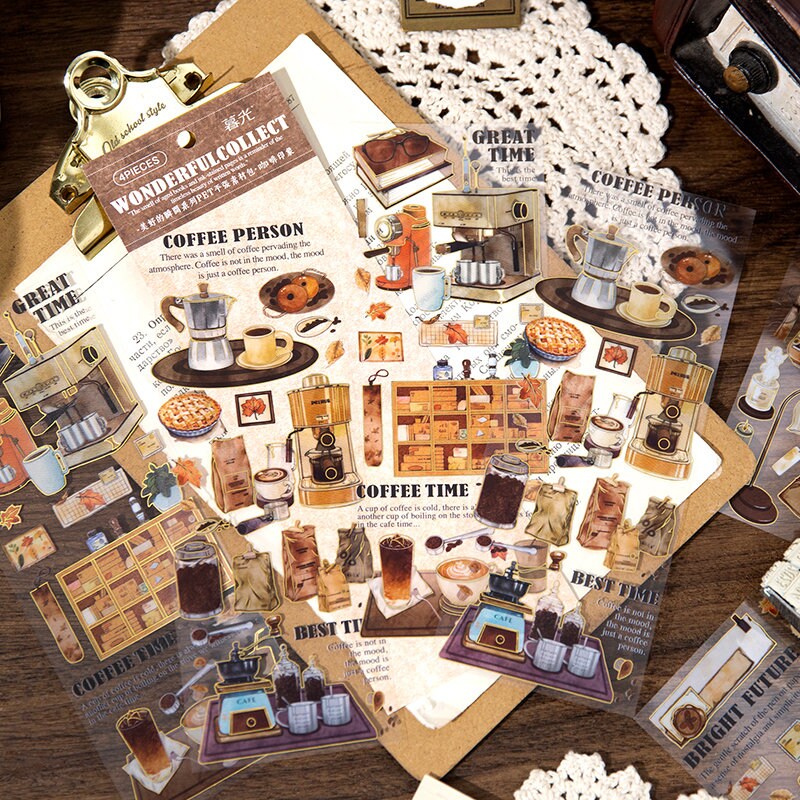 Retro Coffee Stationary Sticker Sheets | DIY Journal Decoration | Art Scrapbooking Material Planner Stationery Stickers