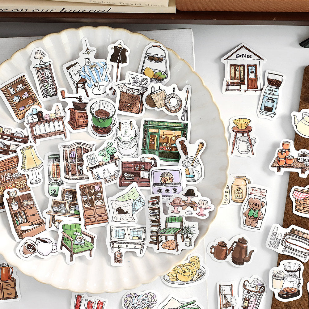 30pcs Retro Handdrawn Life Aesthetics Sticker Pack | Coffee Stickers | Planner Sticker Set | Junk Journal | Die Cut Deco Stickers