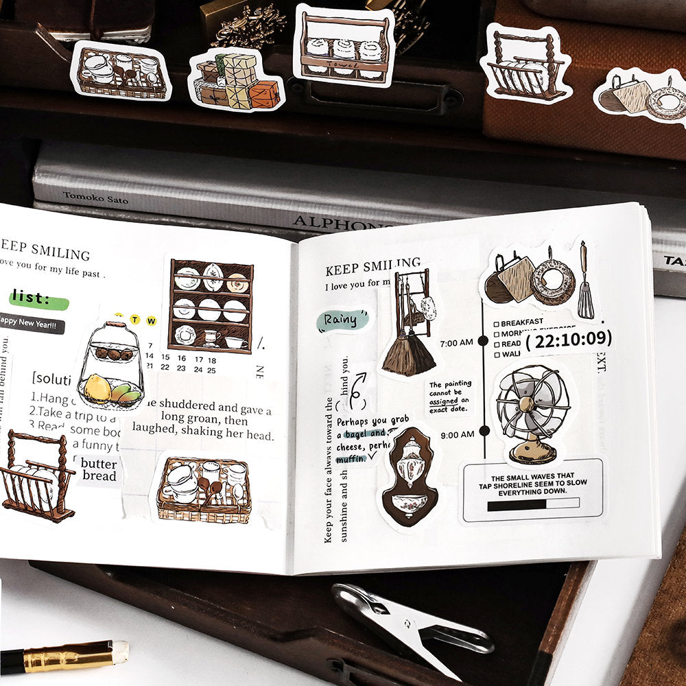 30pcs Retro Handdrawn Life Aesthetics Sticker Pack | Coffee Stickers | Planner Sticker Set | Junk Journal | Die Cut Deco Stickers