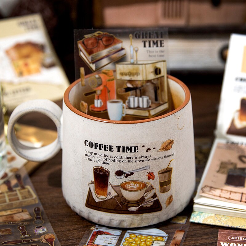 Retro Coffee Stationary Sticker Sheets | DIY Journal Decoration | Art Scrapbooking Material Planner Stationery Stickers
