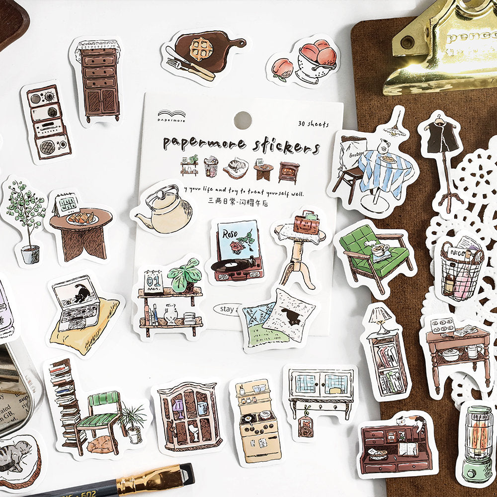 30pcs Retro Handdrawn Life Aesthetics Sticker Pack | Coffee Stickers | Planner Sticker Set | Junk Journal | Die Cut Deco Stickers