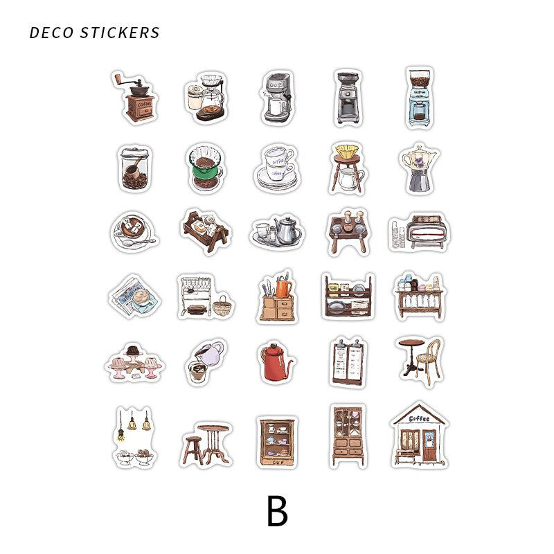 30pcs Retro Handdrawn Life Aesthetics Sticker Pack | Coffee Stickers | Planner Sticker Set | Junk Journal | Die Cut Deco Stickers