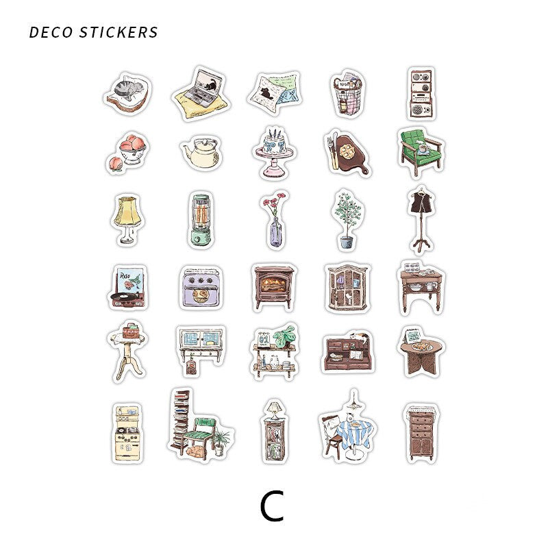 30pcs Retro Handdrawn Life Aesthetics Sticker Pack | Coffee Stickers | Planner Sticker Set | Junk Journal | Die Cut Deco Stickers