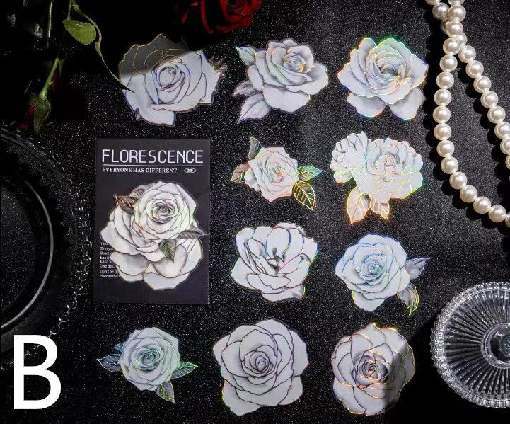 Florescence Foiled Flower Stickers Pack | Rose Lily Journaling Stickers | Scrapbooking Junk Journal Collage Kit DIY Journaling Supplies