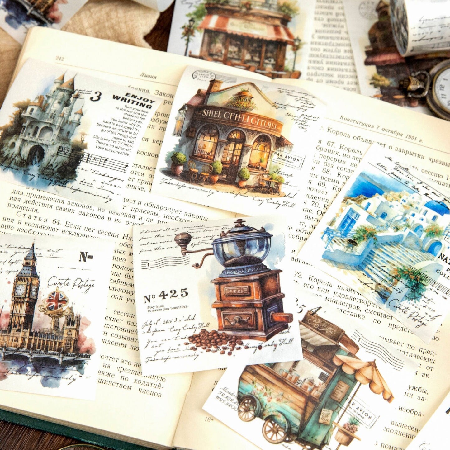 Retro Travel Life Aesthetics Coffee Washi Tape | Architecture Washi Tape | Gift Wrapping | Collage Kit Junk Journal | Gift for Girls