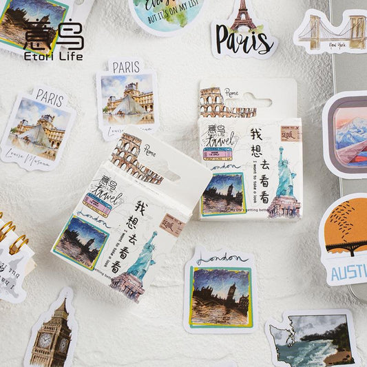 46pcs Travel Theme Sticker Pack | Travel City Scenic Spot Stickers | Journal Scrapbooking Collage Crafting Supplies | Planner Sticker