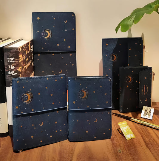 Star Moon Retro Travel Journal Set | Washable Kraft Paper | Passport Standard Size TN | Travel Journal | Gift for Her Him