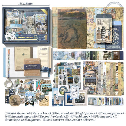 154pcs Vintage Global Travel Journal Set | A6 Notebook | Journal Collage Accessories Stickers | Strater Kit | Travel Lover Gift