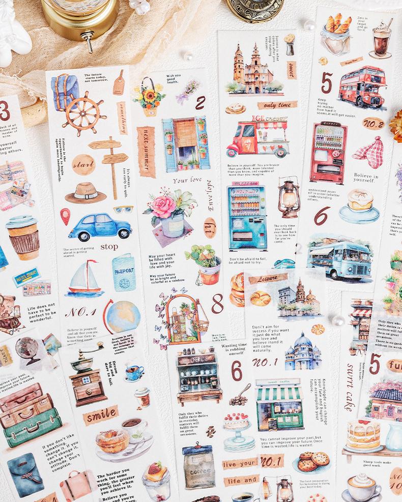 6pcs Travel Coffee Flower Stickers | Cute Decorative Stickers | Die Cut Deco Stickers | Planner Journal Scrapbooking Supplies Accessories