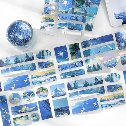 Glitter Natural Landscape Die Cut Tape | Beautiful Scenery Tape Roll | Sea Mountain Sunset Forest Tape | Junk Journal Collage Accessories
