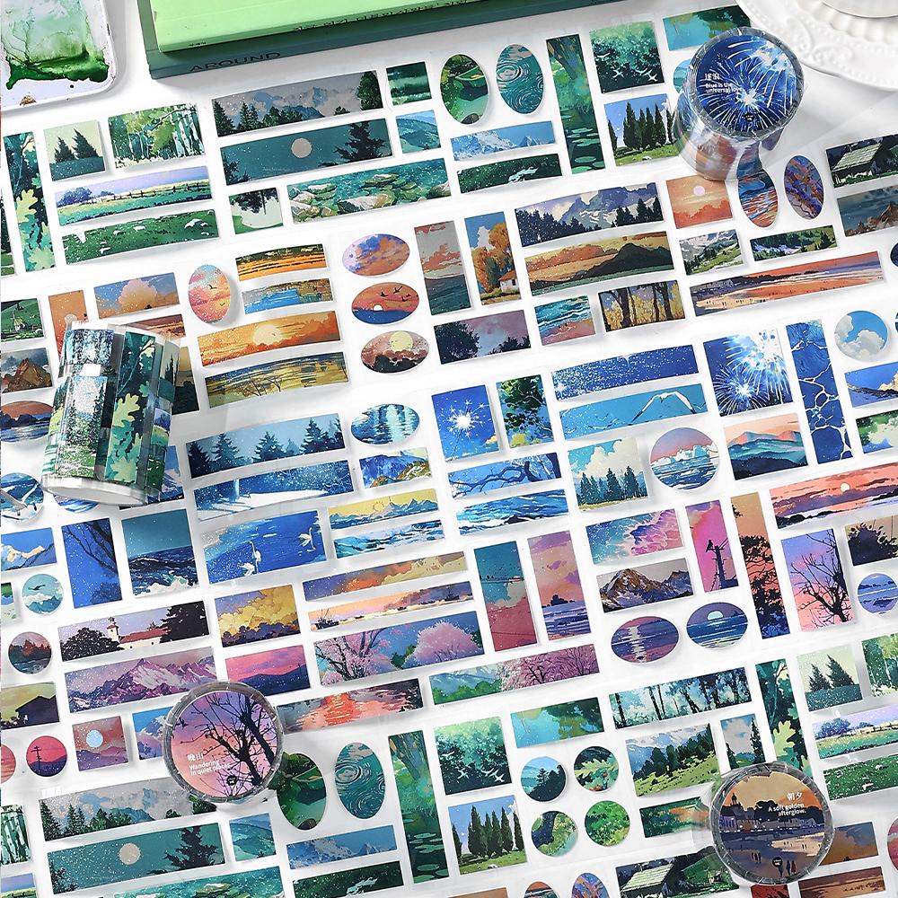Glitter Natural Landscape Die Cut Tape | Beautiful Scenery Tape Roll | Sea Mountain Sunset Forest Tape | Junk Journal Collage Accessories