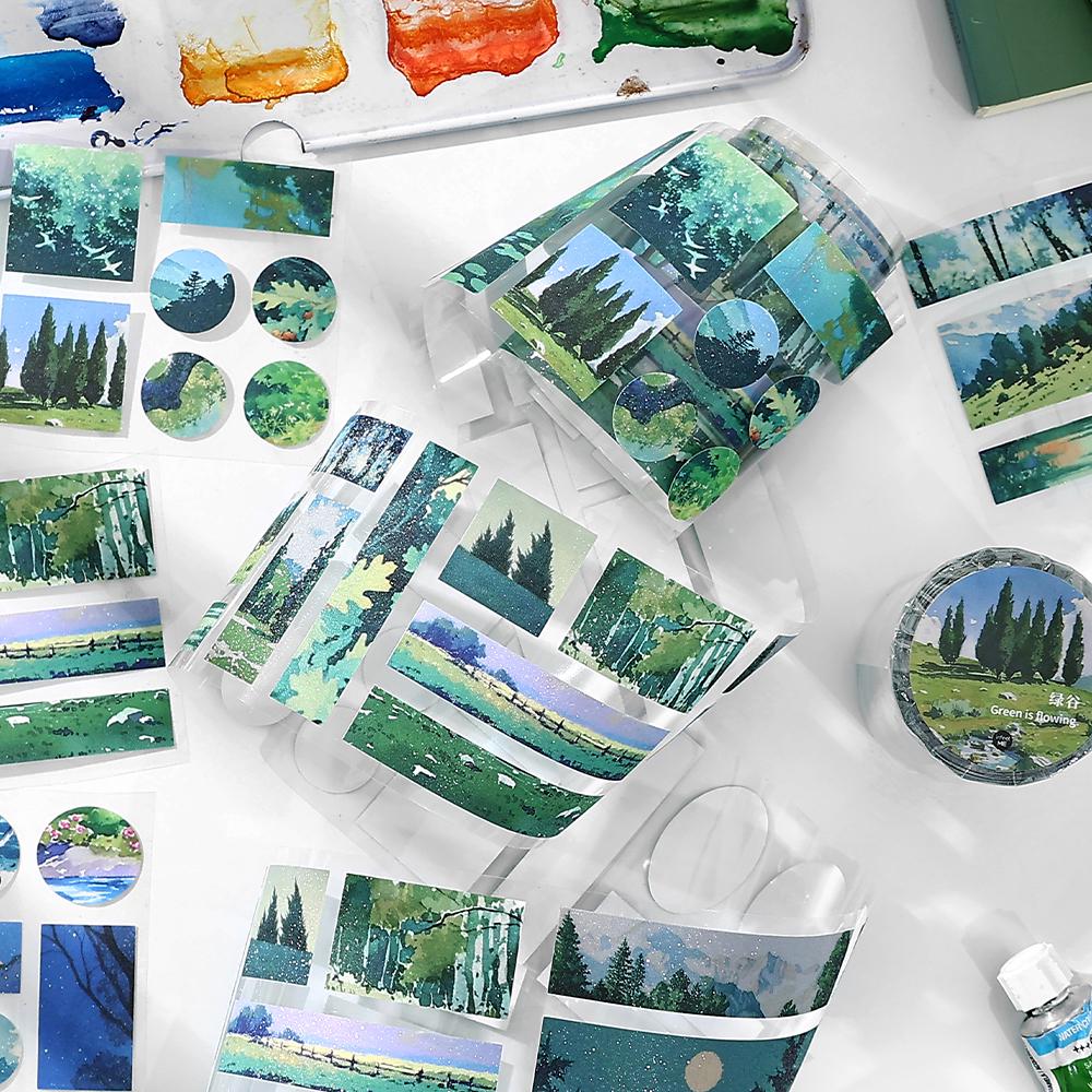 Glitter Natural Landscape Die Cut Tape | Beautiful Scenery Tape Roll | Sea Mountain Sunset Forest Tape | Junk Journal Collage Accessories