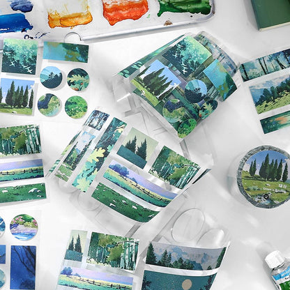 Glitter Natural Landscape Die Cut Tape | Beautiful Scenery Tape Roll | Sea Mountain Sunset Forest Tape | Junk Journal Collage Accessories