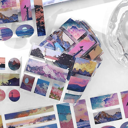 Glitter Natural Landscape Die Cut Tape | Beautiful Scenery Tape Roll | Sea Mountain Sunset Forest Tape | Junk Journal Collage Accessories