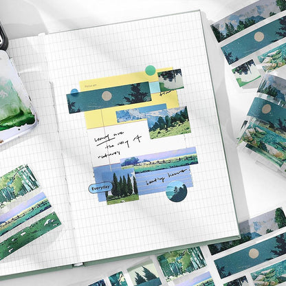 Glitter Natural Landscape Die Cut Tape | Beautiful Scenery Tape Roll | Sea Mountain Sunset Forest Tape | Junk Journal Collage Accessories