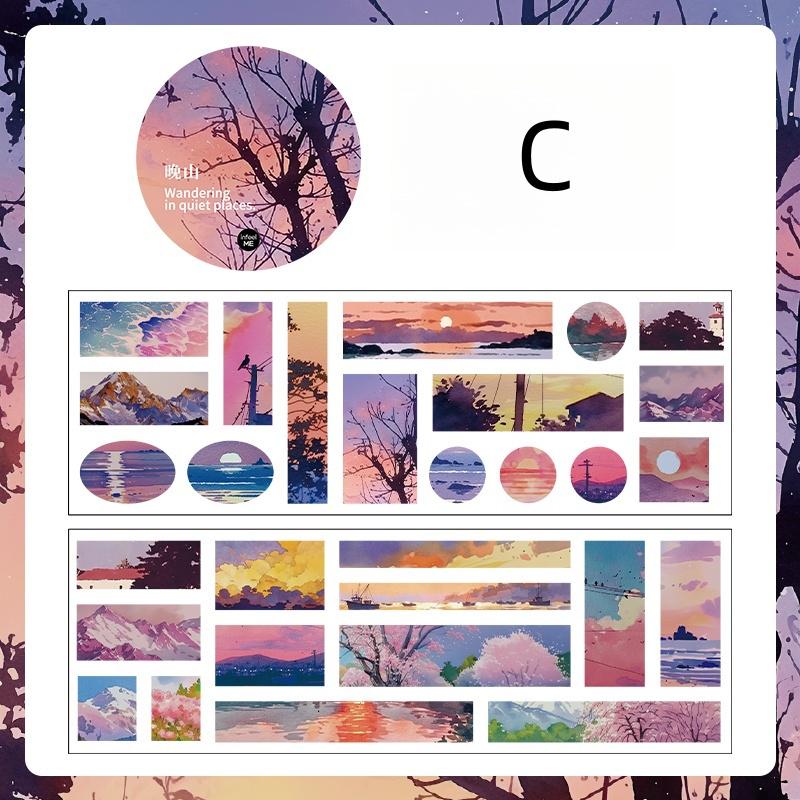 Glitter Natural Landscape Die Cut Tape | Beautiful Scenery Tape Roll | Sea Mountain Sunset Forest Tape | Junk Journal Collage Accessories