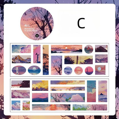 Glitter Natural Landscape Die Cut Tape | Beautiful Scenery Tape Roll | Sea Mountain Sunset Forest Tape | Junk Journal Collage Accessories