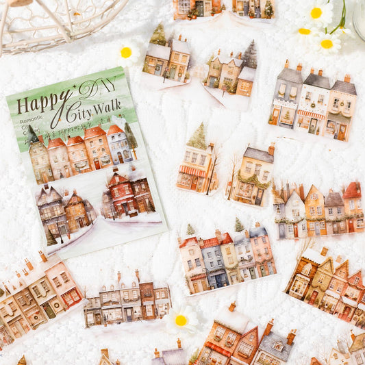 Happy City Walk PET Sticker | Town Street Building House Stickers | Creative DIY Stickers Junk Journal Collage Scrapbooking Supplies
