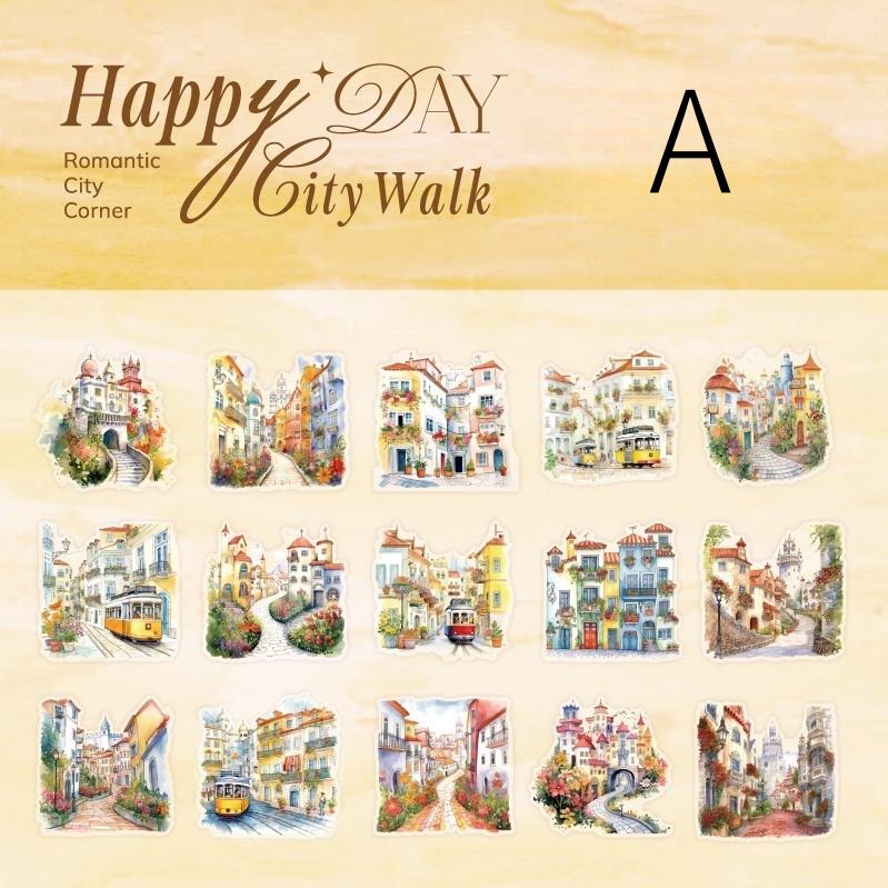 Happy City Walk PET Sticker | Town Street Building House Stickers | Creative DIY Stickers Junk Journal Collage Scrapbooking Supplies