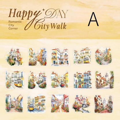 Happy City Walk PET Sticker | Town Street Building House Stickers | Creative DIY Stickers Junk Journal Collage Scrapbooking Supplies